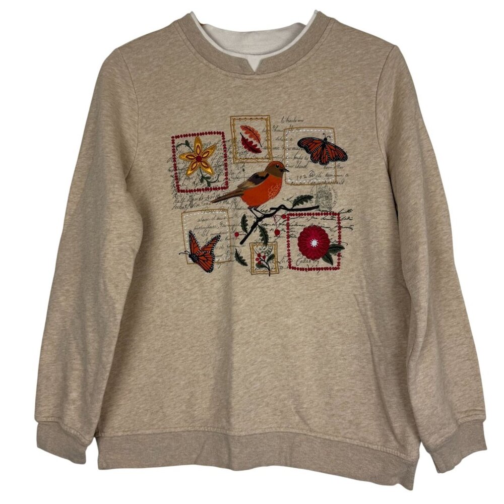 Breckenridge Vtg Sweatshirt Small Bird Monarch Butterfly Floral Tan Applique